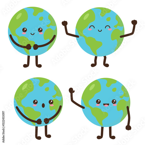 Planeta Tierra, kawaii en cuatro expresiones diferentes.