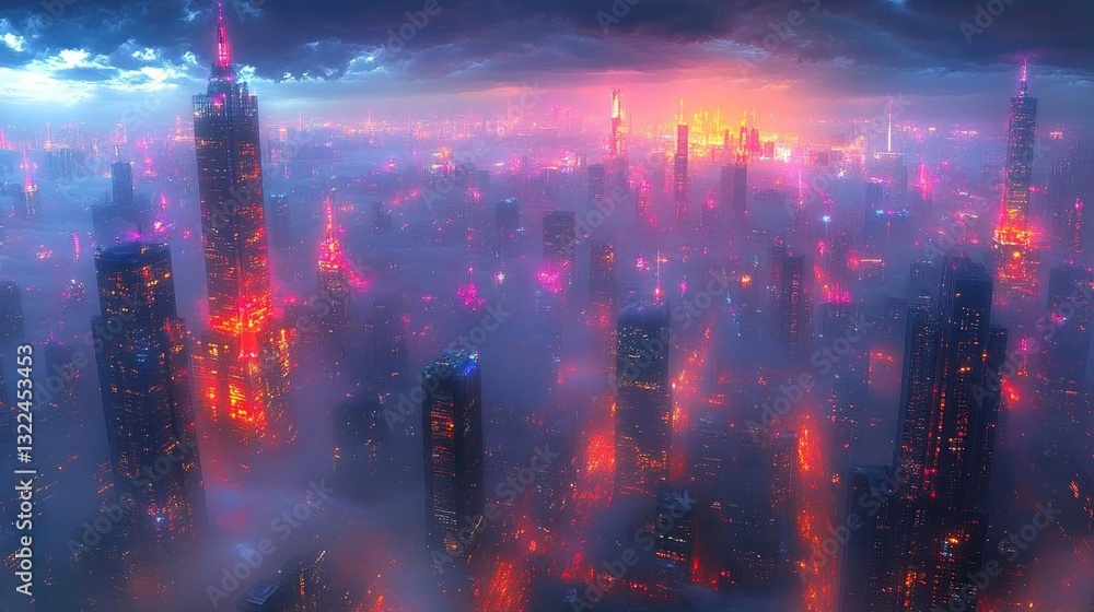 Obraz premium Futuristic cityscape at dusk with vibrant lights and fog, showcasing urban architecture and skyline