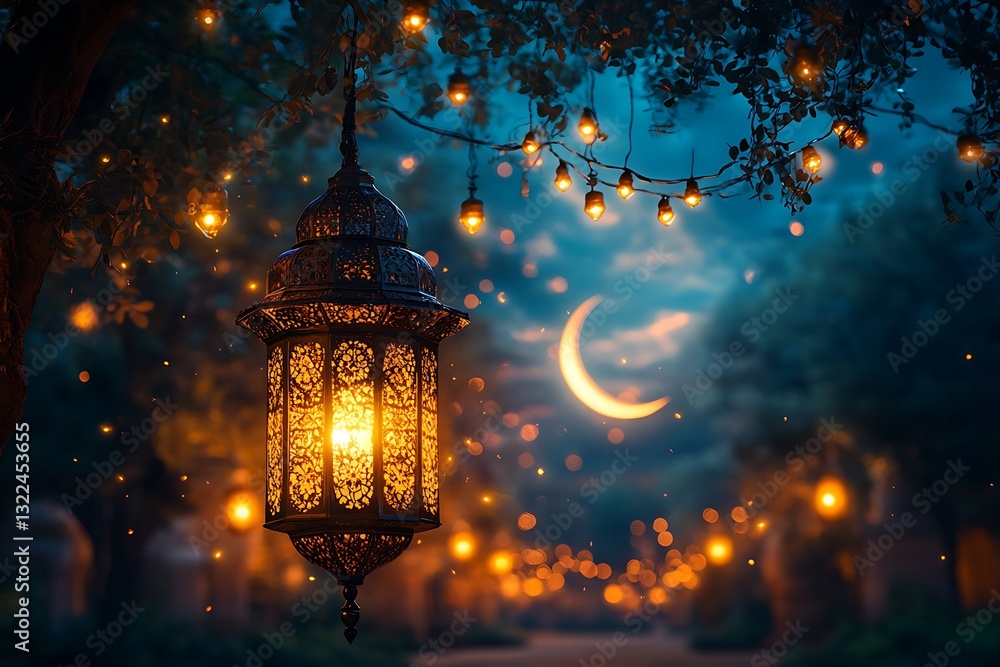 Hanging Lantern Amid Twinkling Lights and Crescent Moon in Twilight Garden
Hanging Lantern Amid Twinkling Lights and Crescent Moon in Twilight Garden