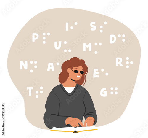 Young smiling blind woman character reading book with Braille dotted letters by hand touch scene