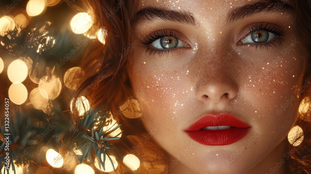 A picturesque scene unfolds as a beautiful and mysterious young woman's portrait is illuminated by the Christmas tree garland's lights, her eyes locking onto the camera A picturesque scene unfolds as a beautiful and mysterious young woman's portrait is illuminated by the Christmas tree garland's lights, her eyes locking onto the camera