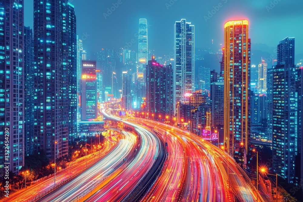 Fototapeta premium A nighttime scene abstractly showing the streaked movement of cars along a city road, surrounded by modern urban structures in Tianjin, China