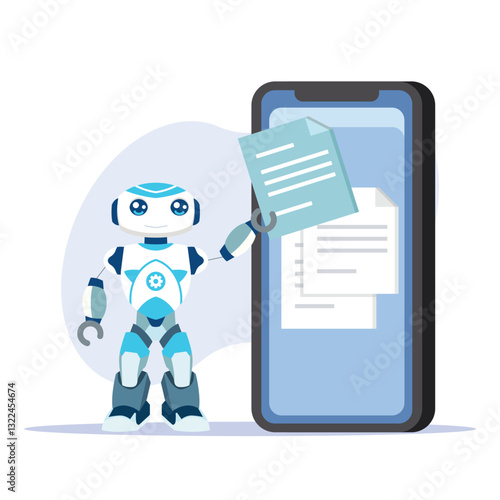 Robot managing documents on smartphone screen, cartoon style tech concept