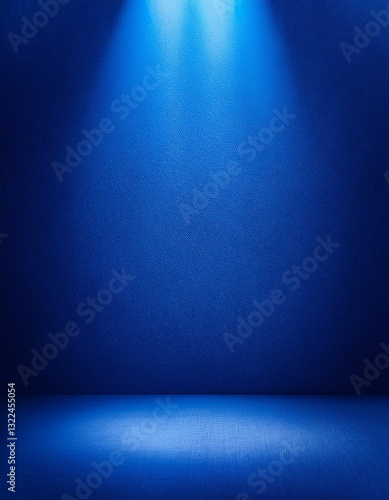 Abstract studio room with a blue background for displaying your products. A dark, empty scene illuminated by blue neon searchlights. A dark blue studio room with a spotlight backdrop, perfect 
