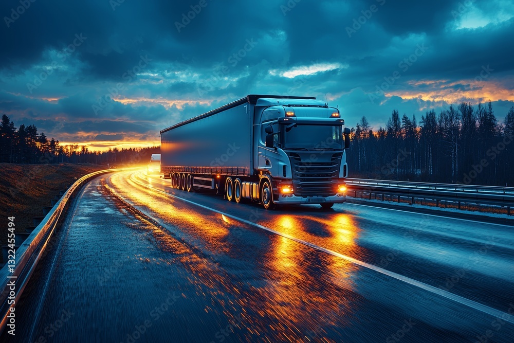 Fototapeta premium Evening or night view of a highway with a moving truck and light trails, showcasing logistics activity