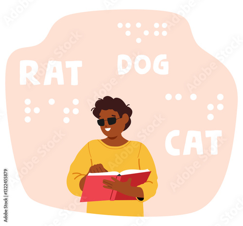 Schoolboy child cartoon character learning language reading book with Braille vector illustration