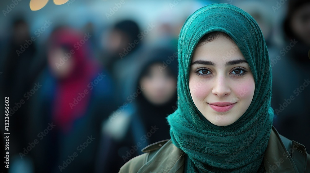 Woman with green hijab smiling amid blurry crowd in neutral outdoor setting Woman with green hijab smiling amid blurry crowd in neutral outdoor setting