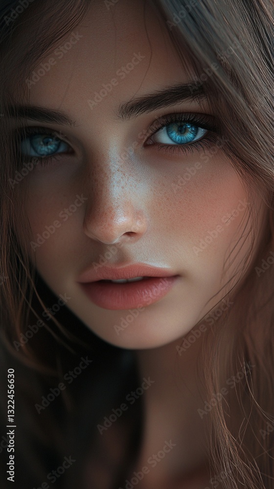 Striking close-up portrait showcasing mesmerizing bright blue eyes and soft natural makeup, with gentle lighting highlighting delicate facial features against dark background. Striking close-up portrait showcasing mesmerizing bright blue eyes and soft natural makeup, with gentle lighting highlighting delicate facial features against dark background.