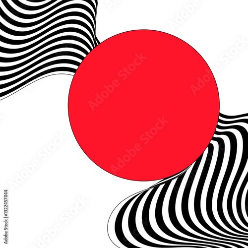 Abstract black and white wave on the background of an red circle. Eps 10