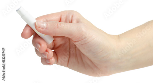 Hand holding perfume sampler on white background isolation