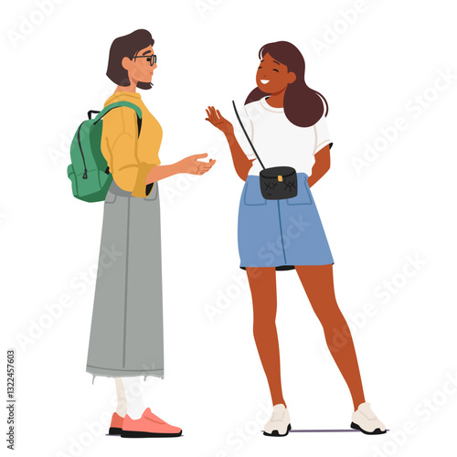 Young stylish teenage girls cartoon character talking together standing isolated on white background