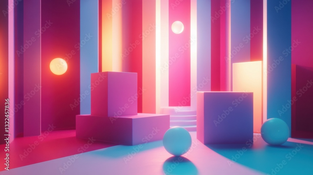 A vibrant abstract backdrop featuring cubes and central lighting.