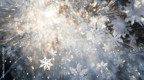 Ethereal silver snowflakes suspended in mid-air amidst a halo of light, ethereal, radiant, luminous. Luminous Halo. Illustration