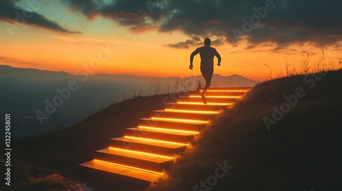 a man runs up a glowing staircase after sunset