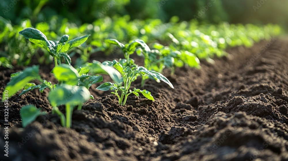 Young green plants growing in a freshly tilled garden field
