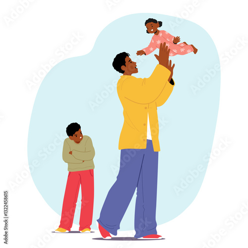 Jealousy boy first child looking with envy and indignation at father playing with newborn baby