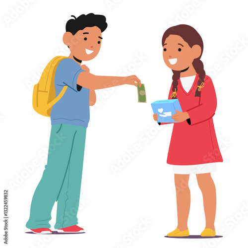 Schoolgirl with charity box and schoolboy putting money donation isolated on white background