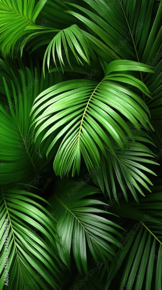 Lush green palm leaves creating a vibrant tropical background with natural light filtering through Lush green palm leaves creating a vibrant tropical background with natural light filtering through