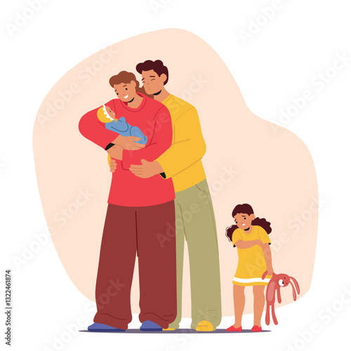Happy parents hugging newborn while elder daughter suffering from lack of attention cartoon scene