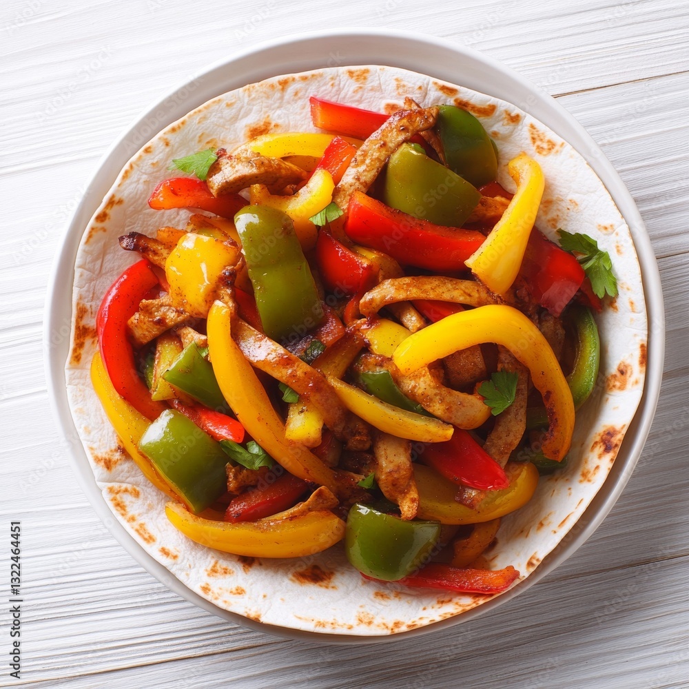 Fajitas with a mix of red, yellow, and green bell peppers, colorful and appetizing, isolated on white background Fajitas with a mix of red, yellow, and green bell peppers, colorful and appetizing, isolated on white background