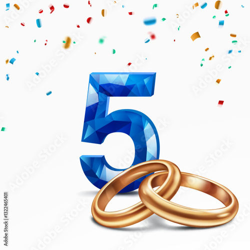 A blue faceted number 5 with intertwined golden wedding rings in the foreground, surrounded by colorful confetti, on white background, symbolizing the celebration of the fifth wedding anniversary.