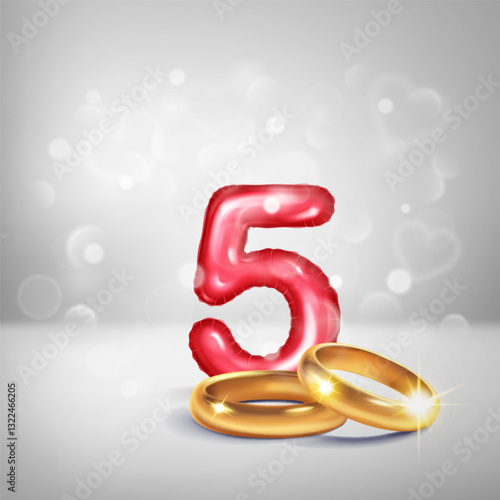 A red number 5 in the form of an inflatable balloon with two gold wedding rings, symbolizing the celebration of the fifth wedding anniversary, on a light background with small hearts flying around.