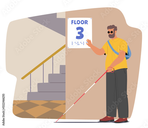 Blind man reading lettering of floor number with Braille special font determining his destination