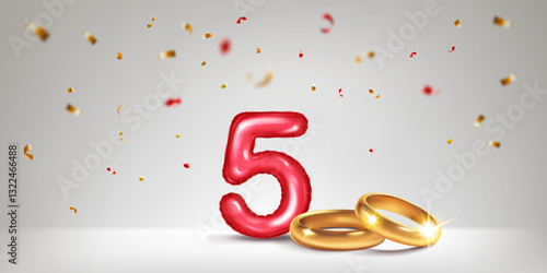 A red number 5 in the form of an inflatable balloon with two gold wedding rings, symbolizing the celebration of the fifth wedding anniversary, surrounded by colorful confetti, on light background.