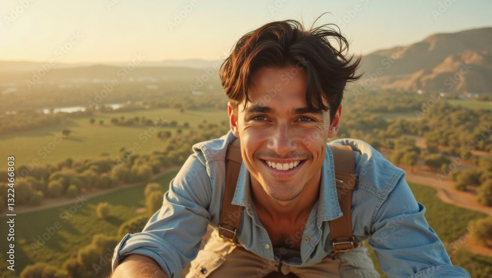 Naklejka premium 2025 summer idea trend concept: Man Smiling With A Sunset Background