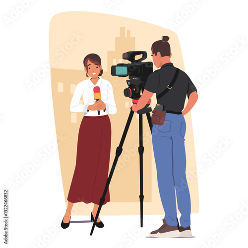 Young woman journalist coworking with videographer broadcasting public news on city streets