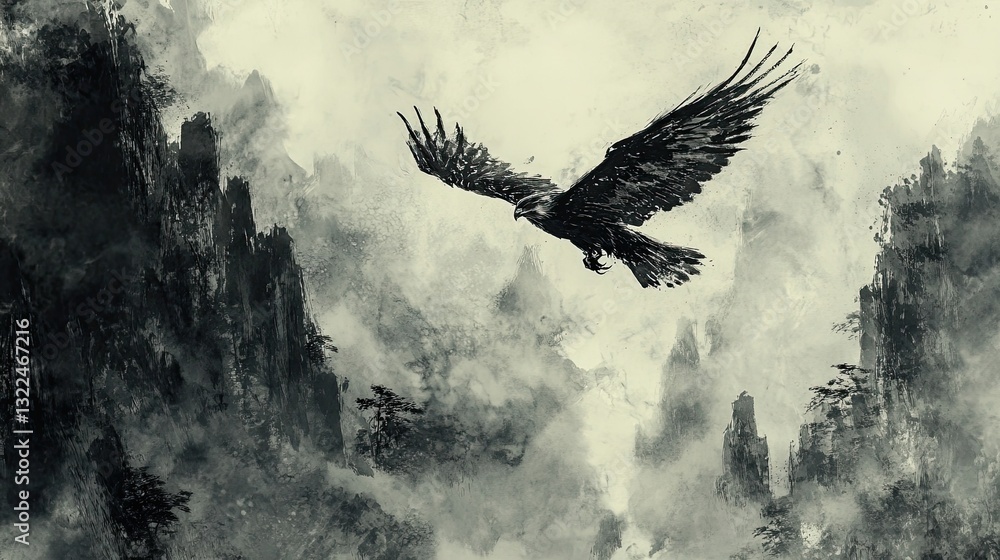 Fototapeta premium Bold Ink Painting of a Falcon Soaring Above a Misty Sky