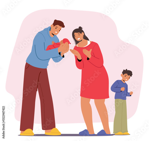 Happy mother and father holding newborn baby, upset older brother feeling anger and jealousy
