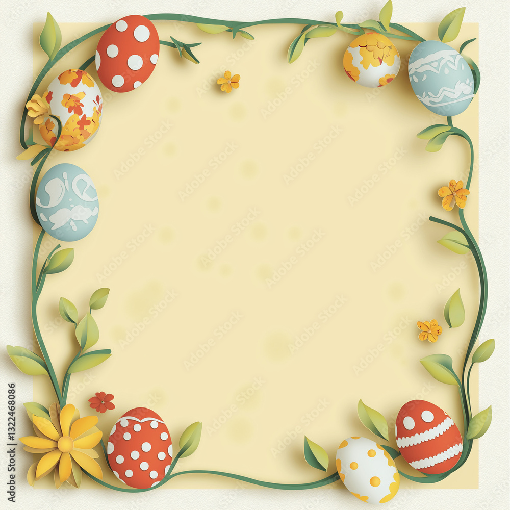 Easter border with decorated eggs and pale yellow background