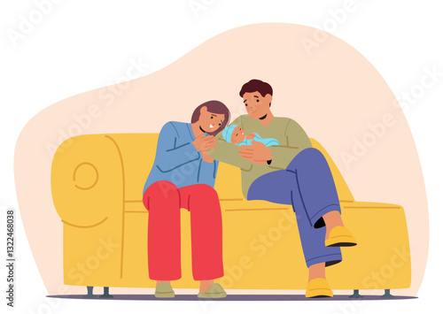 Happy parents holding lovely newborn baby sitting on home sofa enjoying family bonding scene