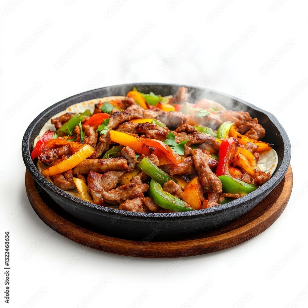 Fajitas served in a sizzling cast iron pan, detailed steam effect, photorealistic, isolated on white background Fajitas served in a sizzling cast iron pan, detailed steam effect, photorealistic, isolated on white background