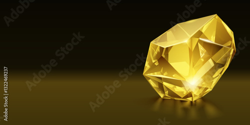 Shiny yellow crystal with facets that catch and refract the light, set against a dark background.