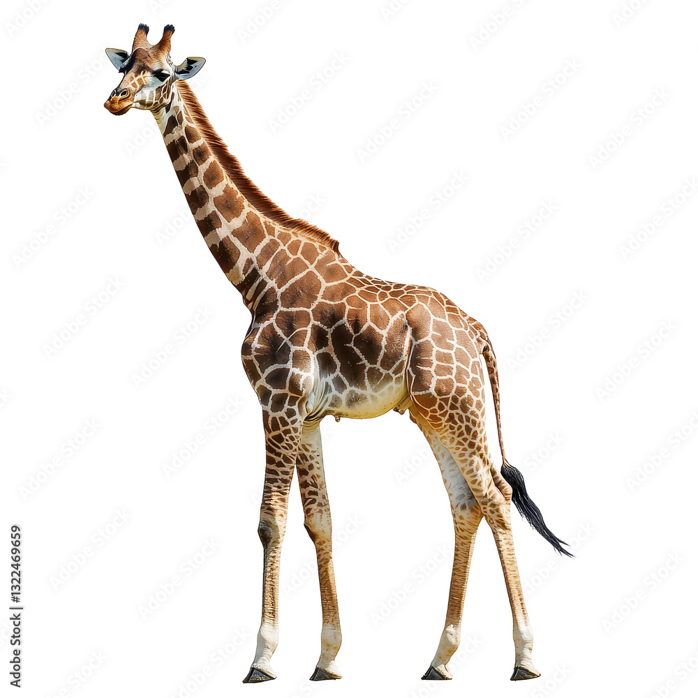 Obraz premium Giraffe standing isolated against a white background showcasing its unique patterns and tall stature in nature, giraffe isolated on aisolated on white background