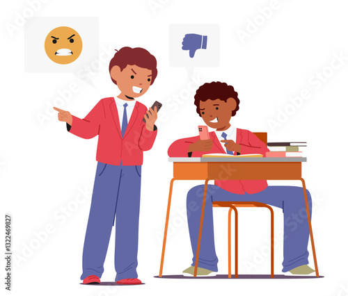 Aggressive schoolboys cartoon characters abusing, blaming and spreading rumors in social media