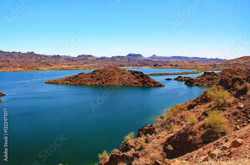 View of Lake Havasu and Colorado River near Lake Havasu City, Arizona, USA with view of California and blue sky copy space.
