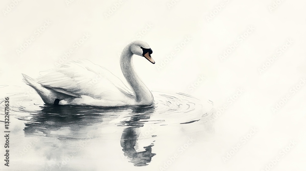 Graceful ink wash of a swan on a lake Graceful ink wash of a swan on a lake