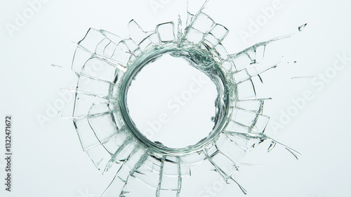 Close-up of a shattered bullet hole in glass, isolated against a white background. High-resolution stock photo capturing intricate cracks and impact details, perfect for security, and destruction