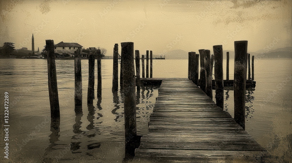 Fototapeta premium Sepia-toned photo of old wooden pier extending into calm lake water, with distant buildings.