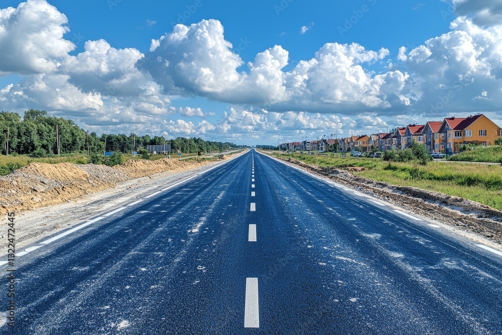 Fototapeta premium A fast-moving asphalt thoroughfare bordered by verdant woodland