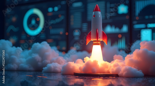 A   vibrant futuristic rocket launching from a digital control center, surrounded  in a futuristic technology environment. Illuminated with neon colors, symbolizing innovation and space exploration