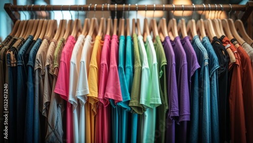 Wallpaper Mural Colorful assortment of t-shirts displayed on wooden hangers in a retail store during afternoon hours Torontodigital.ca