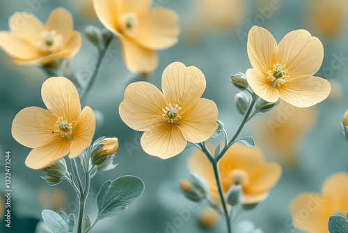 Close-up shot. Flowerbeds in a motion blur against an abstract background, adorned with yellow and green blooms