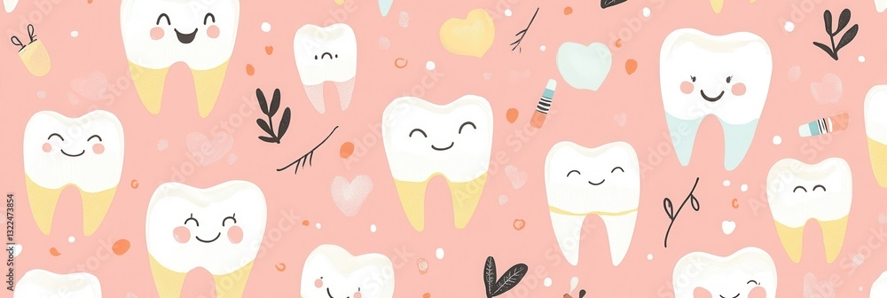Seamless pattern featuring healthy teeth, dental implants, and joyful smiles in a modern flat style with soft pastel colors Seamless pattern featuring healthy teeth, dental implants, and joyful smiles in a modern flat style with soft pastel colors