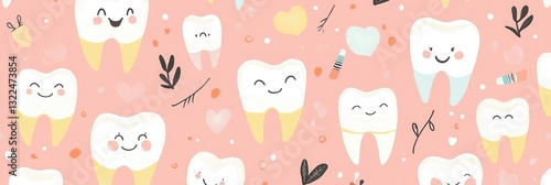Seamless pattern featuring healthy teeth, dental implants, and joyful smiles in a modern flat style with soft pastel colors