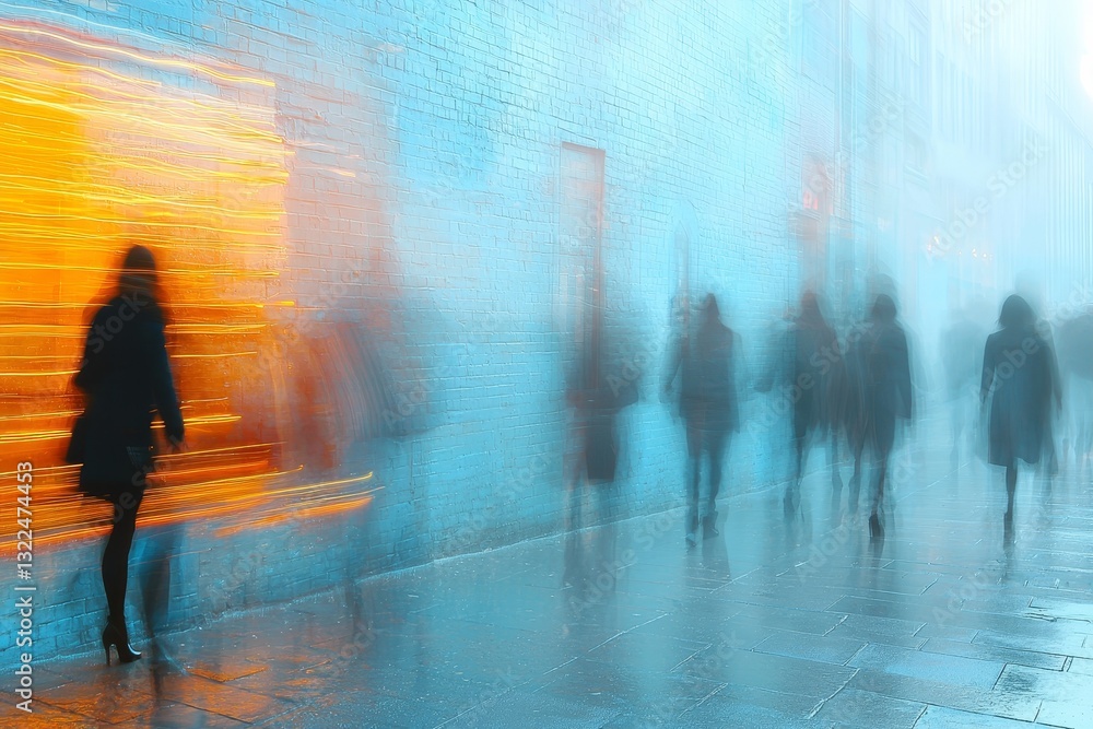 People walking in a blur against a light-colored backdrop People walking in a blur against a light-colored backdrop