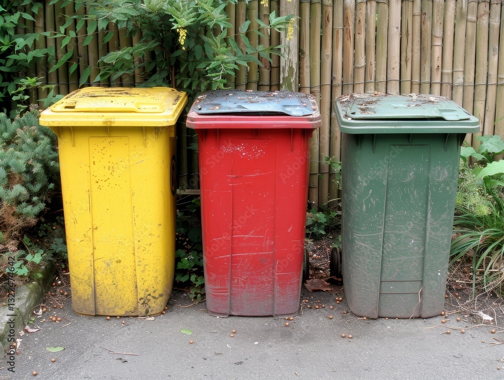 Eco-Friendly Waste Management: Red, Yellow, and Green Recycling Bins Line Up for Urban Sustainability Eco-Friendly Waste Management: Red, Yellow, and Green Recycling Bins Line Up for Urban Sustainability